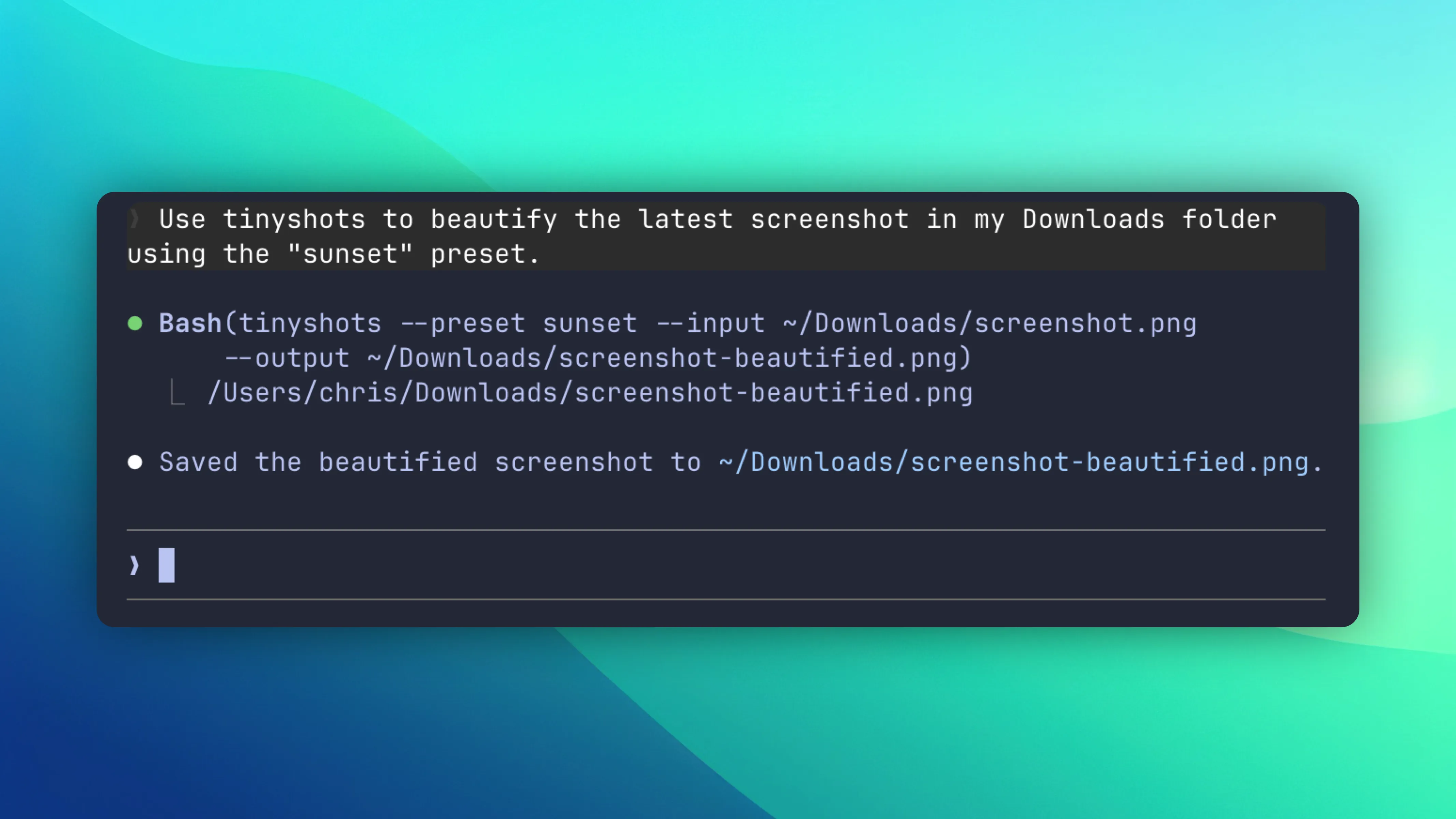 Claude Code using TinyShots CLI to beautify a screenshot